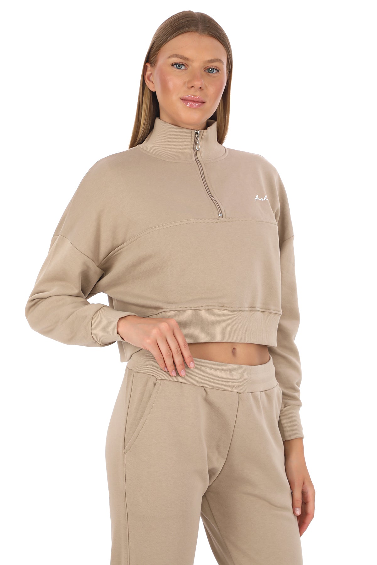 Half Zip Latte Premium Crop Set